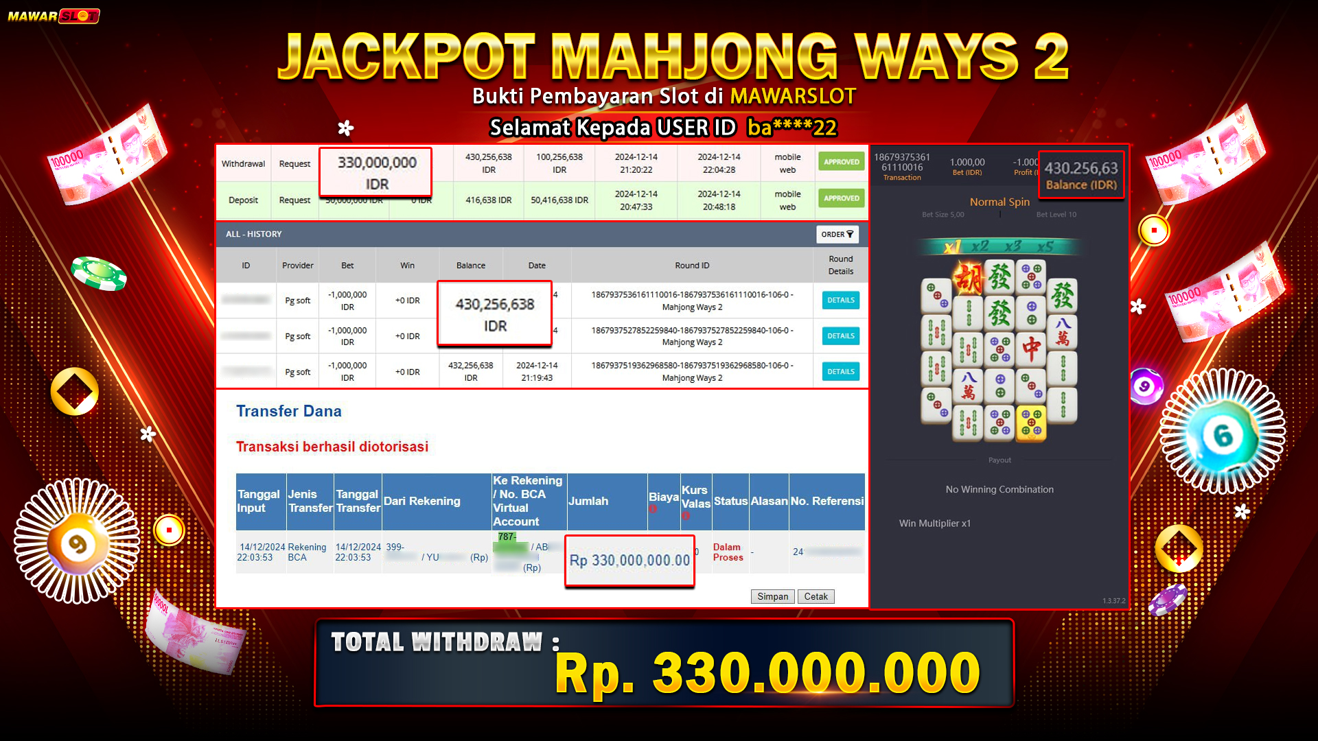 Bukti Menang Besar Mahjong Ways 2: Jackpot 330 Juta di Mawarslot!
