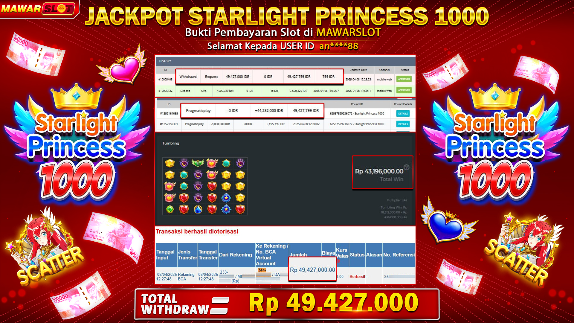 Starlight Princess 1000 : Jackpot Fantastis Rp49.427.000 di Mawarslot!