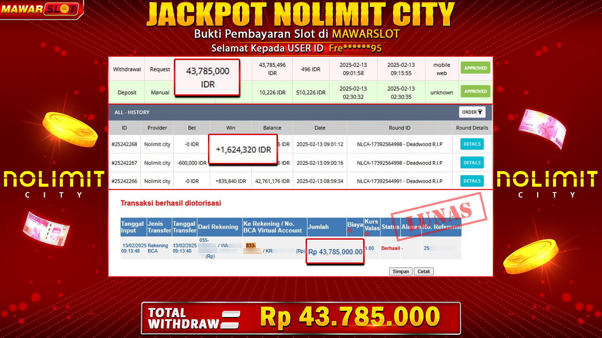 Pemain Mawarslot F*********5 Raih Kemenangan Besar! Withdraw Rp43.785.000 dari Slot Deadwood R.I.P
