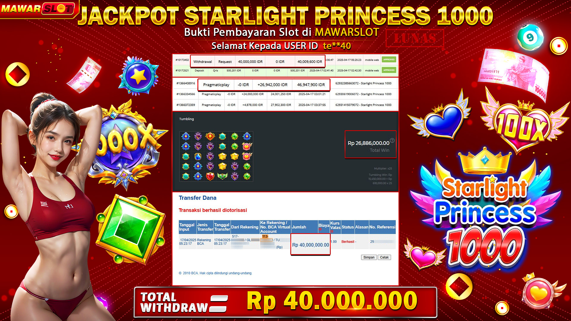 Member Mawarslot Meraih Jackpot Rp40.000.000 di Starlight Princess 1000: Bukti Keberuntungan dan Strategi