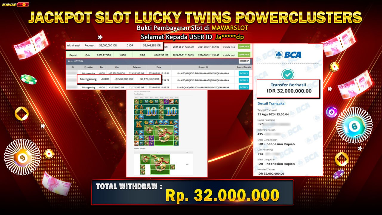 Bukti Jackpot 23 Juta Slot Online Lucky Twins Power Clusters di Mawarslot!