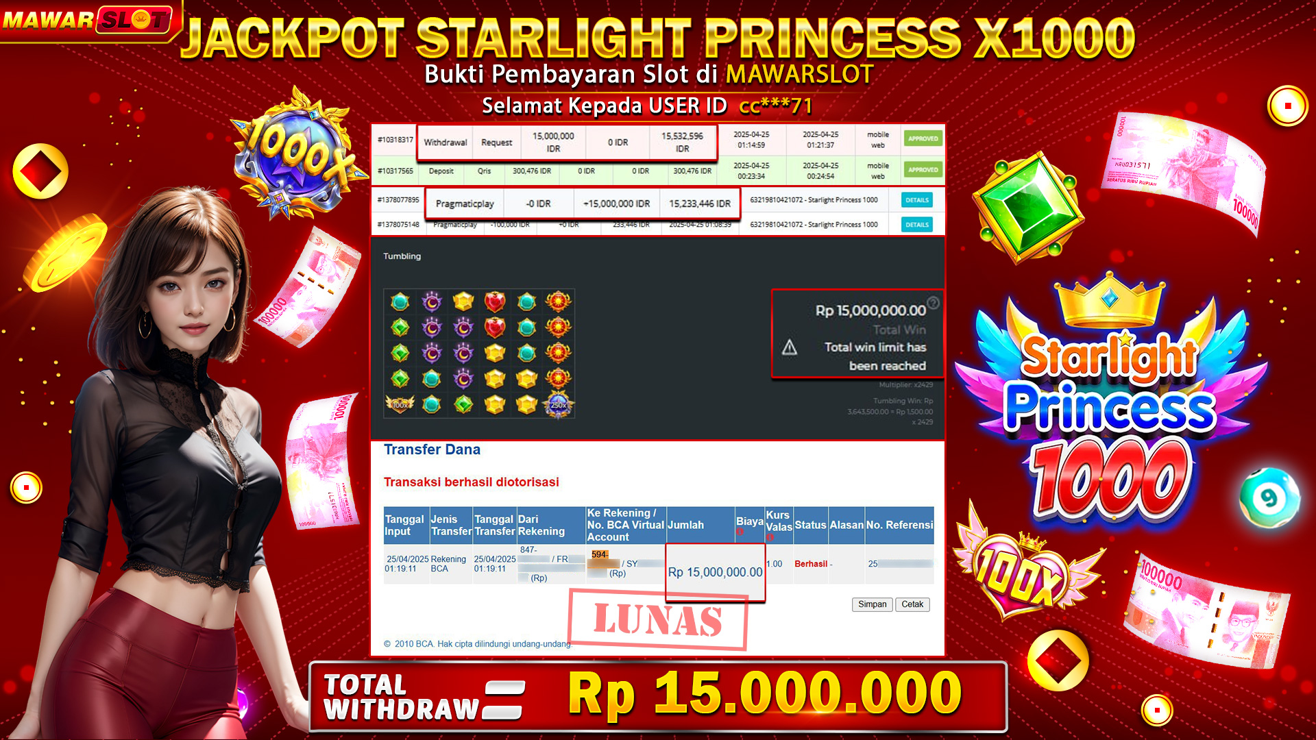 Pencapaian Gemilang: Member Mawarslot Raih Maxwin Starlight Princess 1000 dengan Perkalian x2429 dan Jackpot Rp15.000.000