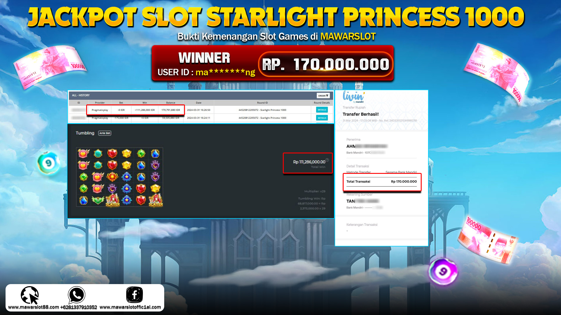 Mawarslot Bukti Jackpot 170 Juta di Game Slot Gacor Starlight Princess 1000!